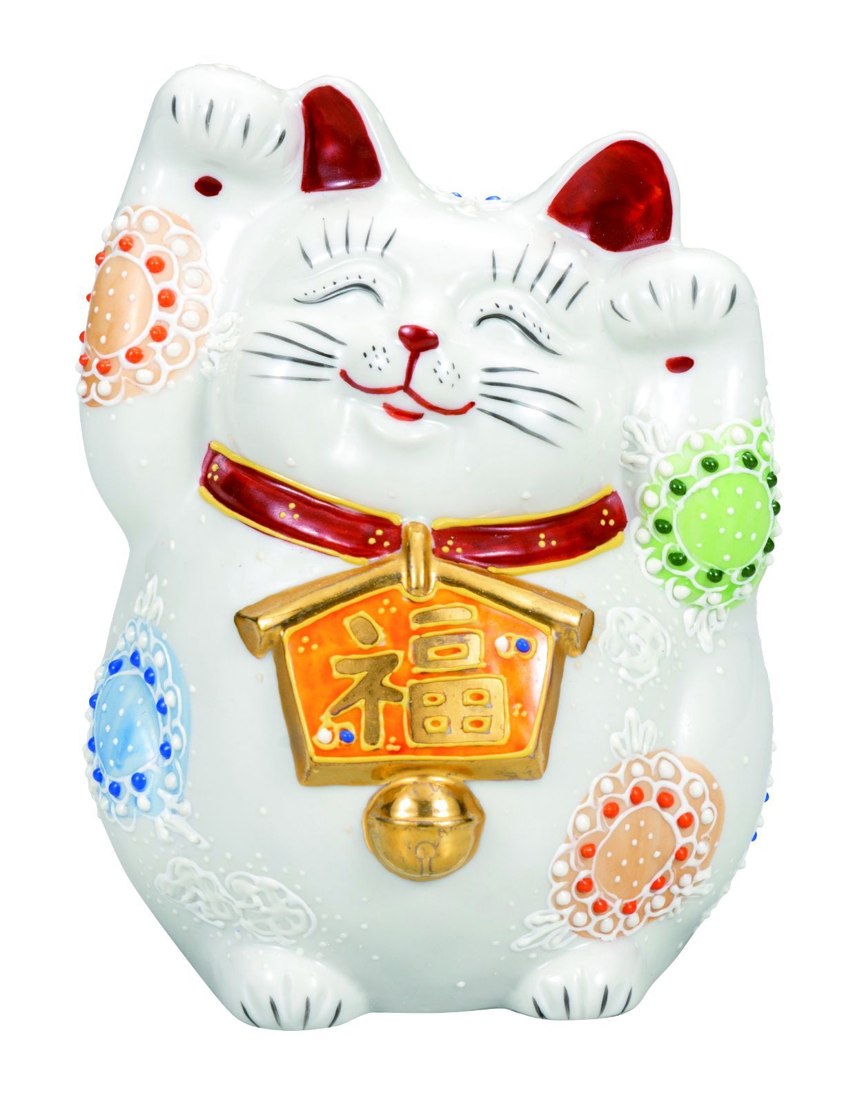 小売 九谷焼 4.5号絵馬招猫 白盛（両手上げ）9-1624