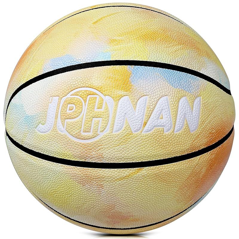 JPHNAN 7号 バスケットボール 弾性に 吸湿性 人工皮革 バスケットボール7号 抽象的なスタイルの油絵デザイン カラーボール カラフル 7号バスケ 黄色+オレン色+水色
