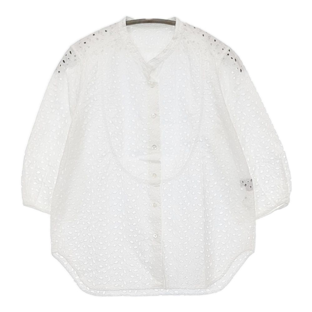 ☆美品☆マーガレットハウエル　七分袖シャツブラウス　ドット総柄　Ⅰサイズ　綿 MARGARET HOWELL カットワーク 刺繍 日本製 七分袖 ブラウス