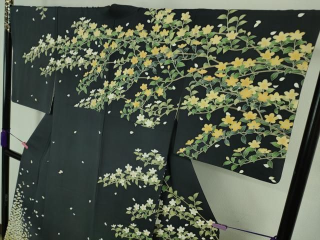 平和屋本店■極上　名門染元　秀美　十日町友禅　龍谷　訪問着　枝桜　花弁　藍鉄色地　暈し染め　逸品　DZAA8196kh5 平和屋本店□極上 名門染元 秀美 十日町友禅 龍谷 訪問着 枝桜 花弁 藍