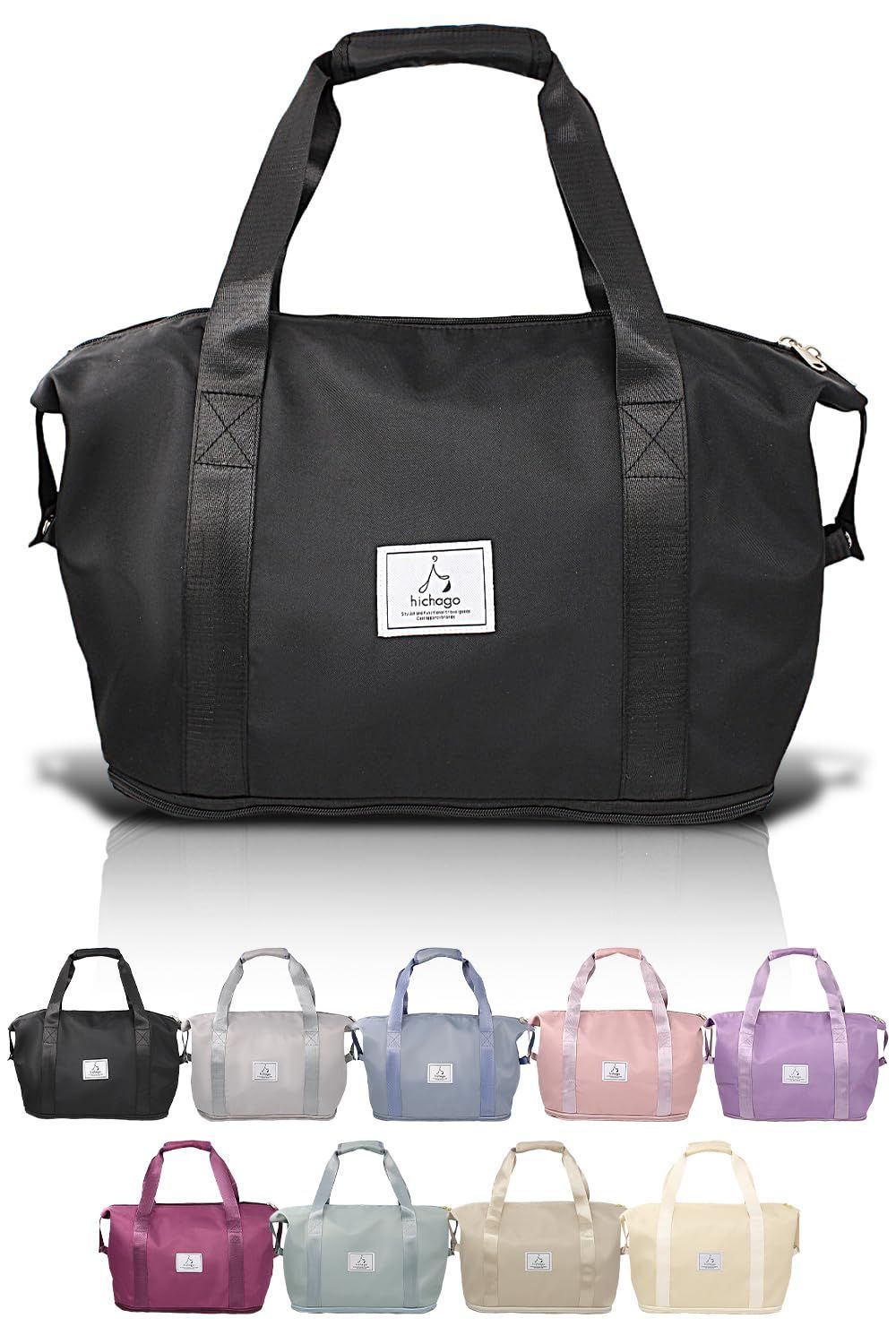 ボストンバッグ 【サイズが拡がる】 旅行バッグ hichago 大容量 拡張 軽量 旅行 修学旅行 メンズ レディース キャリーオンバッグ サブバッグ (1段拡張 ブラック)