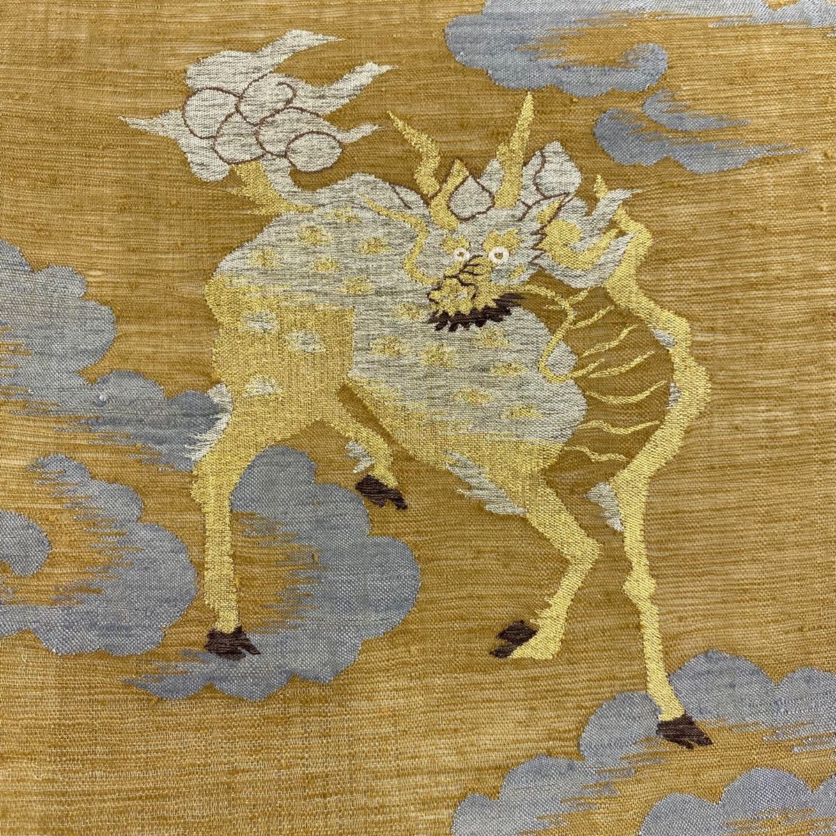 袋帯 秀品 紬地 夏帯 動物 雲文 金銀糸 薄茶色 お太鼓柄 正絹