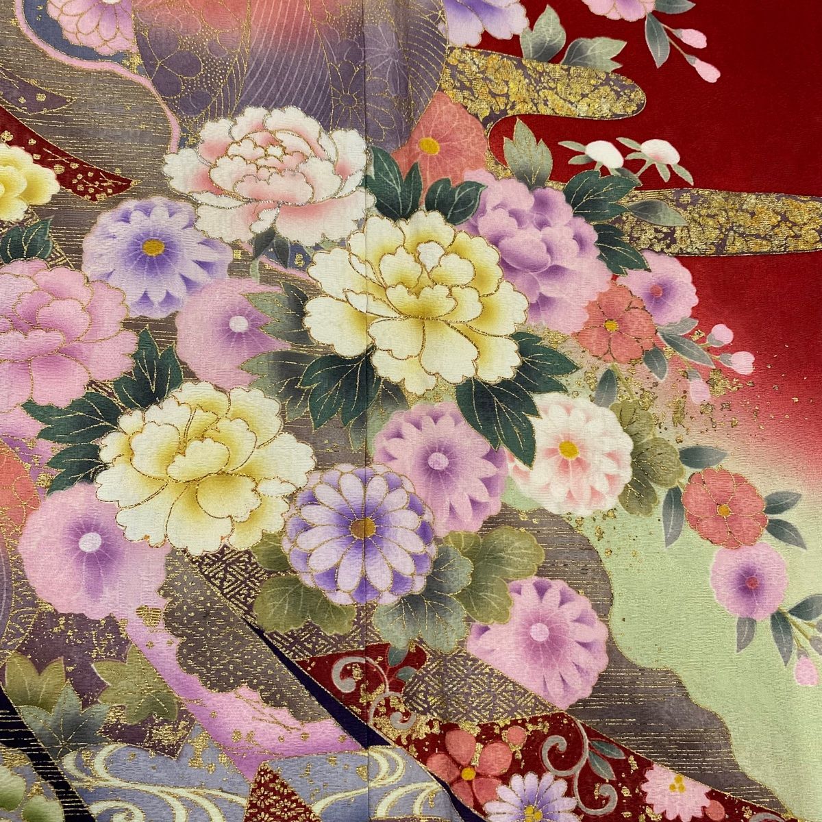 振袖 身丈178cm 裄丈73.5cm L 袷 薔薇 金銀彩 茶紫 正絹 名品 【中古  