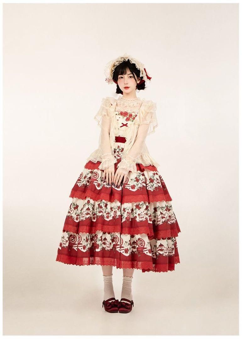 【朝花夕拾】田園プリント 刺繍四段振り jsk ロリータドレス 森ガール レッド 手紙と詩☆朝花夕拾】田園プリント刺繍四段振りjskロリータ