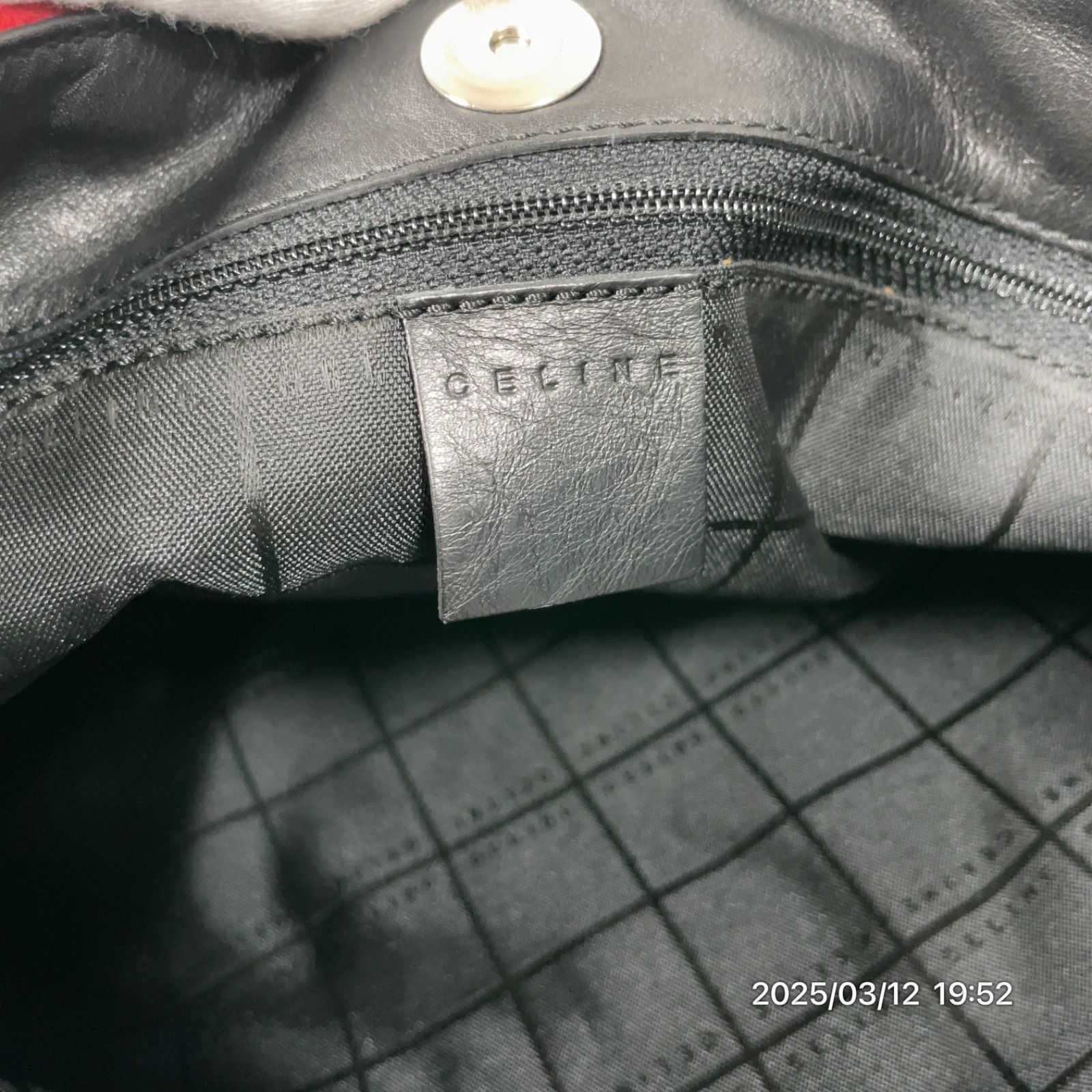 CELINE セリーヌ チェック柄 ブラック× レッドカラー ウール レザー 革 