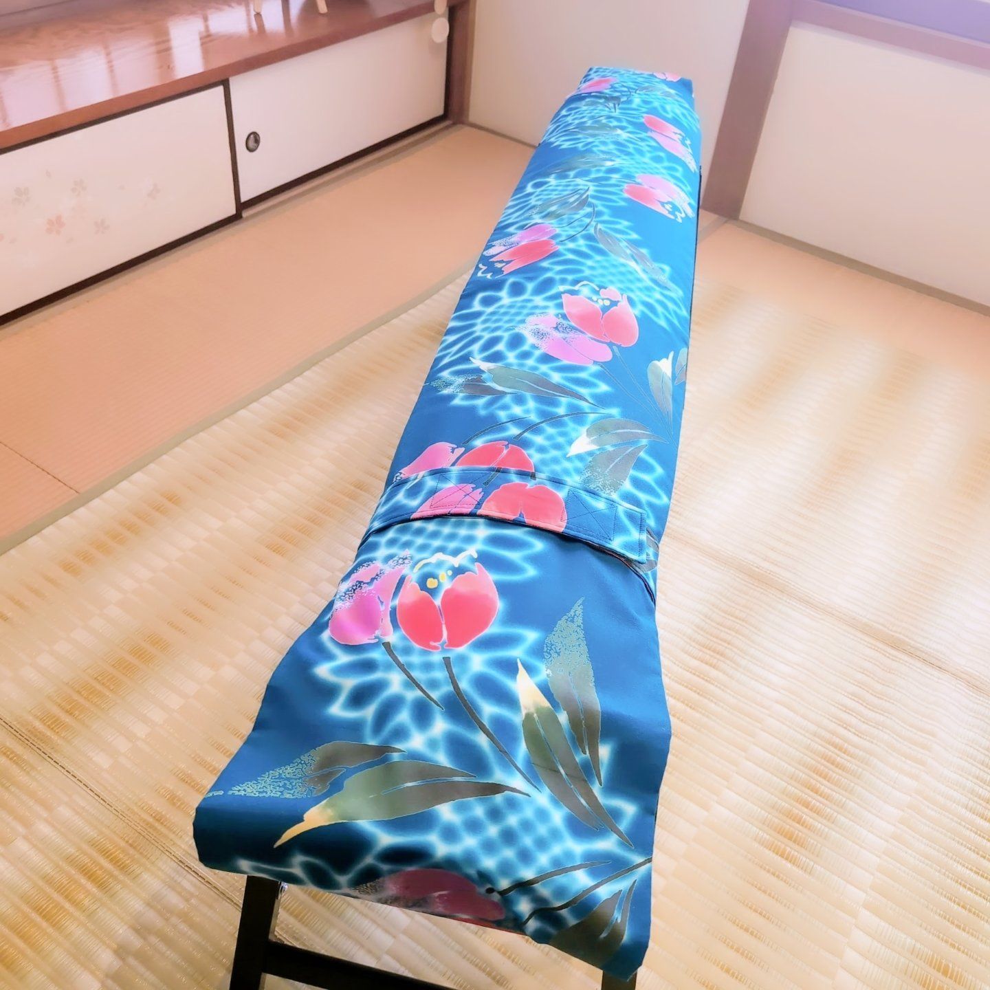 琴(箏)ゆたん 油単 カバー 青地 ヒマワリとチューリップ柄