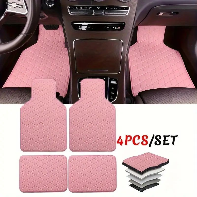 ピンクカーマットセット4 個の車のフロアマット防水 PU レザー