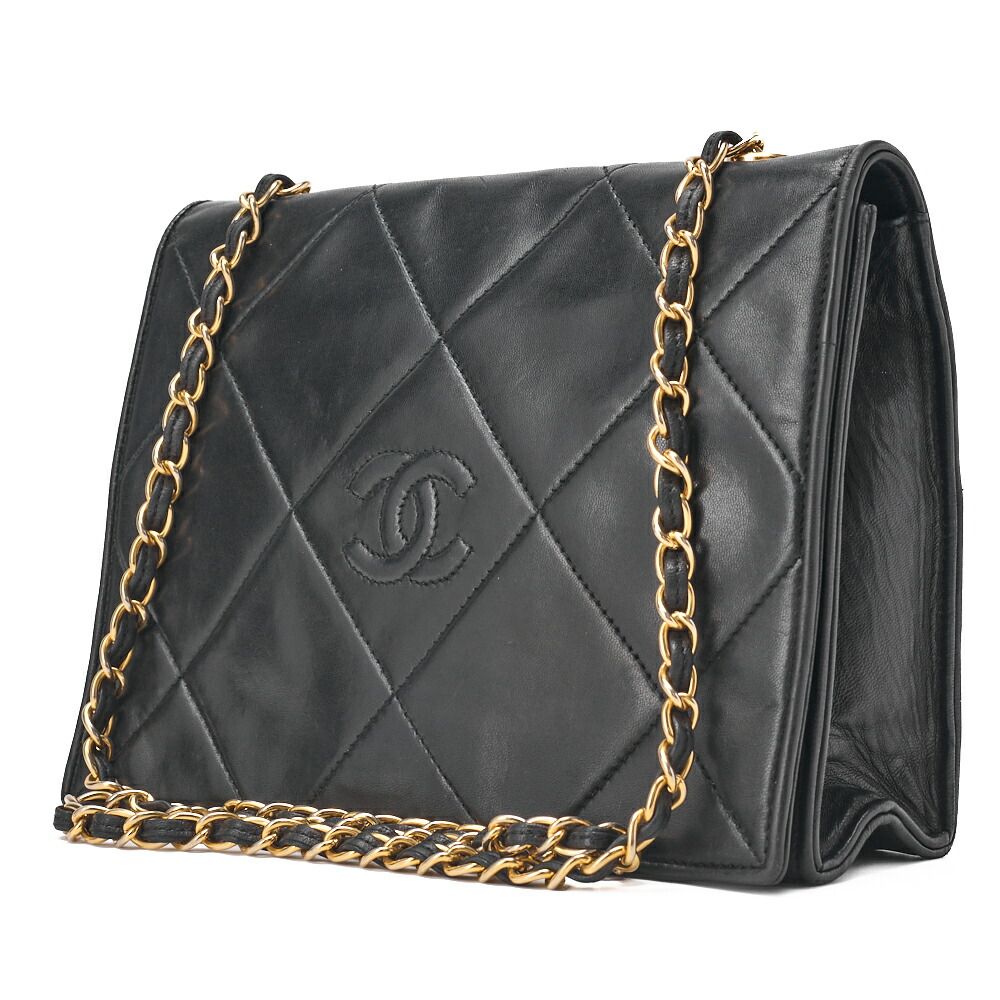 CHANEL シャネル チェーンショルダー バッグ ラムスキン 黒 ココマーク フ ルフラップ プッシュロック ゴールド金具 レディース