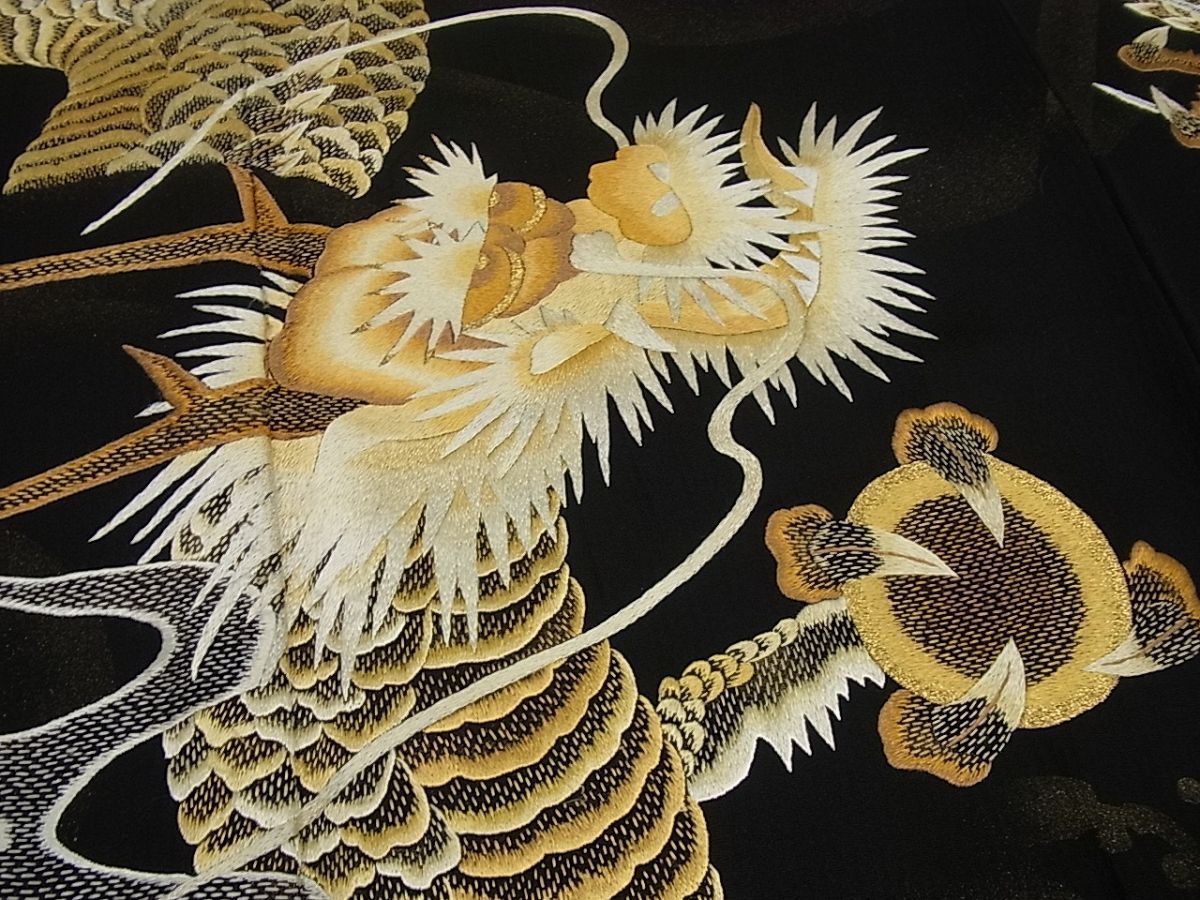 平和屋1□極上 訪問着 総手刺繍 龍 黒地 金糸 逸品3s629 - 平和屋