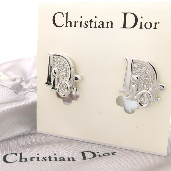 Christian Dior イヤリング シルバー ラインストーン ロゴ ディオール