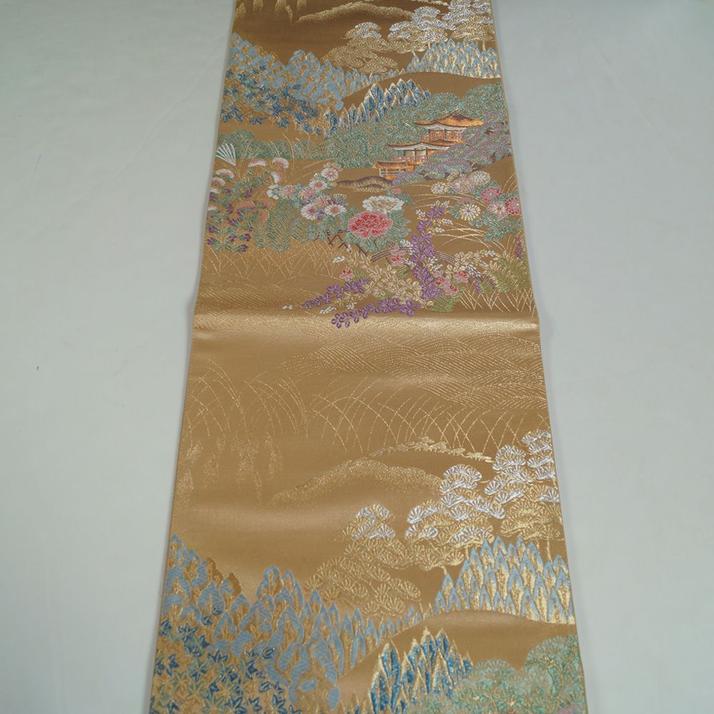服部織物 袋帯 正絹 鹿苑寺金閣　六通 T-3641 袋帯 未使用品 鹿苑寺金閣模様 六通柄 金糸 フォーマル 帯