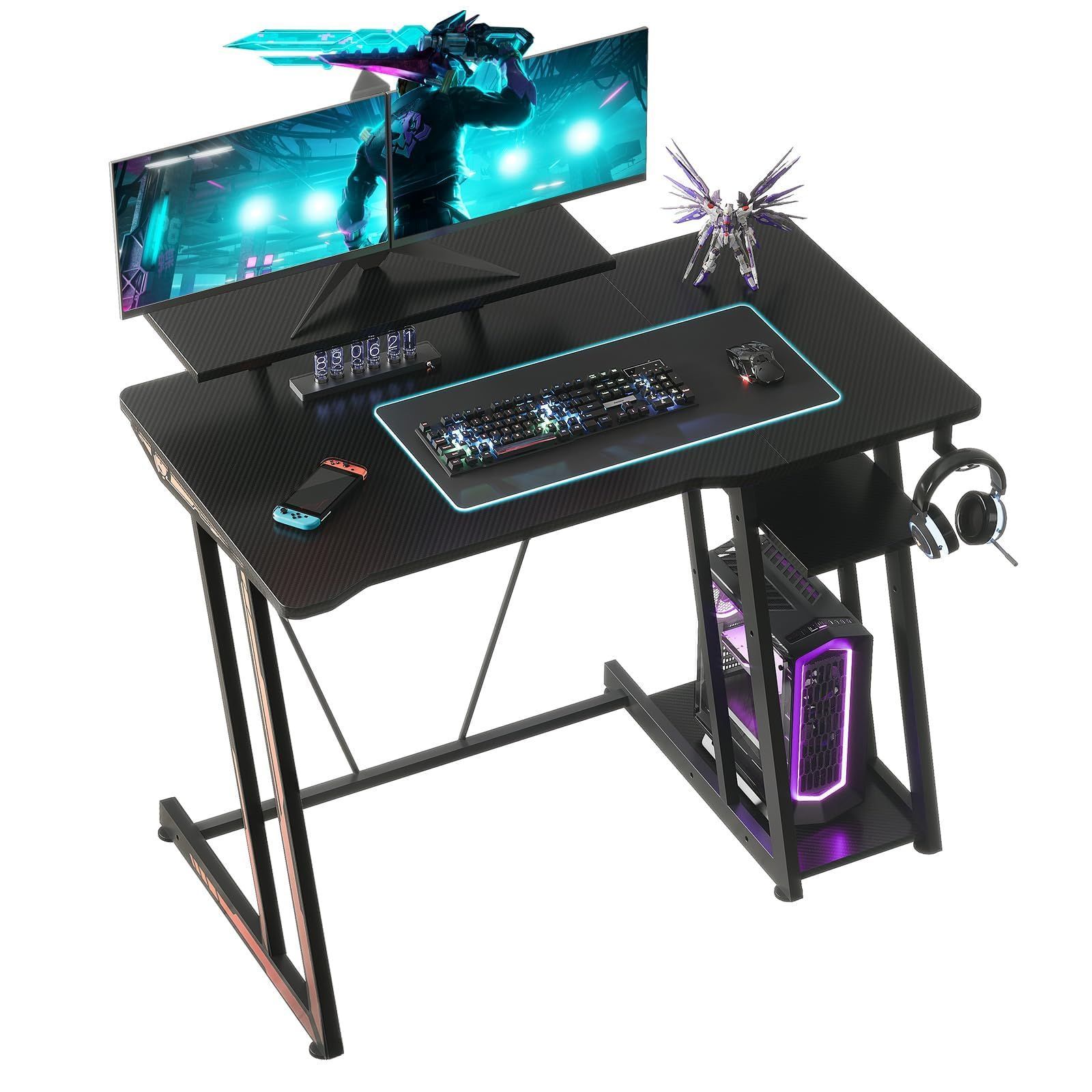 YeTom ゲーミングデスク ゲーミング テーブル ゲームデスク 幅100cm 収納ラック2段付き 台下区分収納対応 机 pcデスク ゲーミングローデスク パソコンデスク 黒い