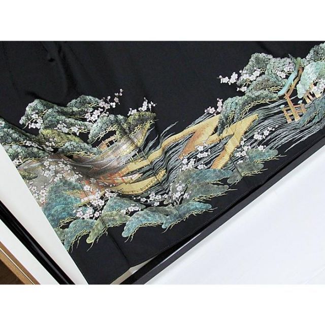 黒留袖 正絹比翼 落款 伝統金彩工芸師 唐渡建作 安芸宮島 153cm前後 