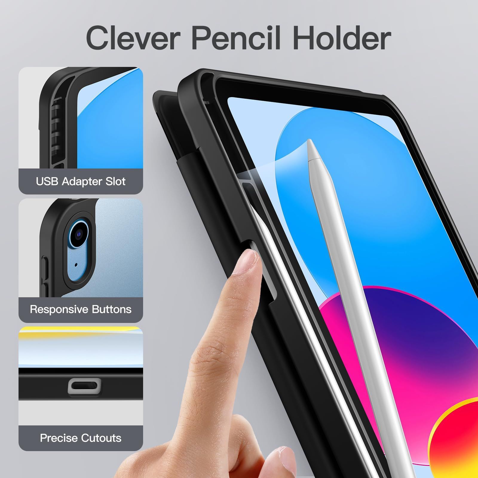 JEDirect iPad 10 マットケース（10.9インチ、 2022モデル、 第10世代用）Pencilホルダー つや消しの半透明の背面 薄型 スタンド 保護 タブレットカバー (ブラック)