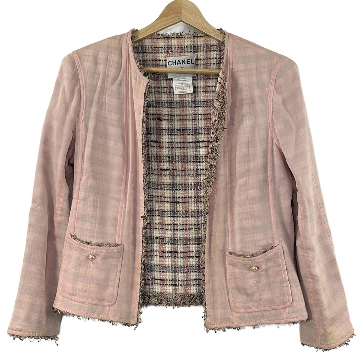 CHANEL ジャケット サイズ34 中古・古着通販】CHANEL (シャネル) ツイードジャケット ピンク