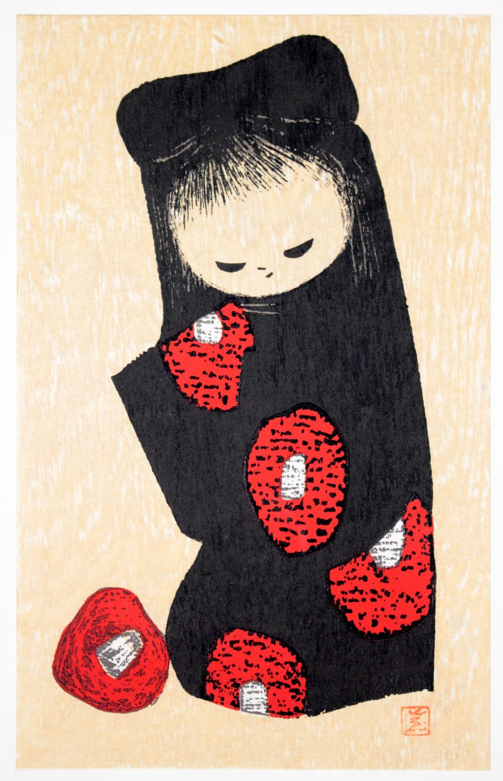 河野薫 木版画 人物画 少女 少女像 椿 印あり こうのかおる