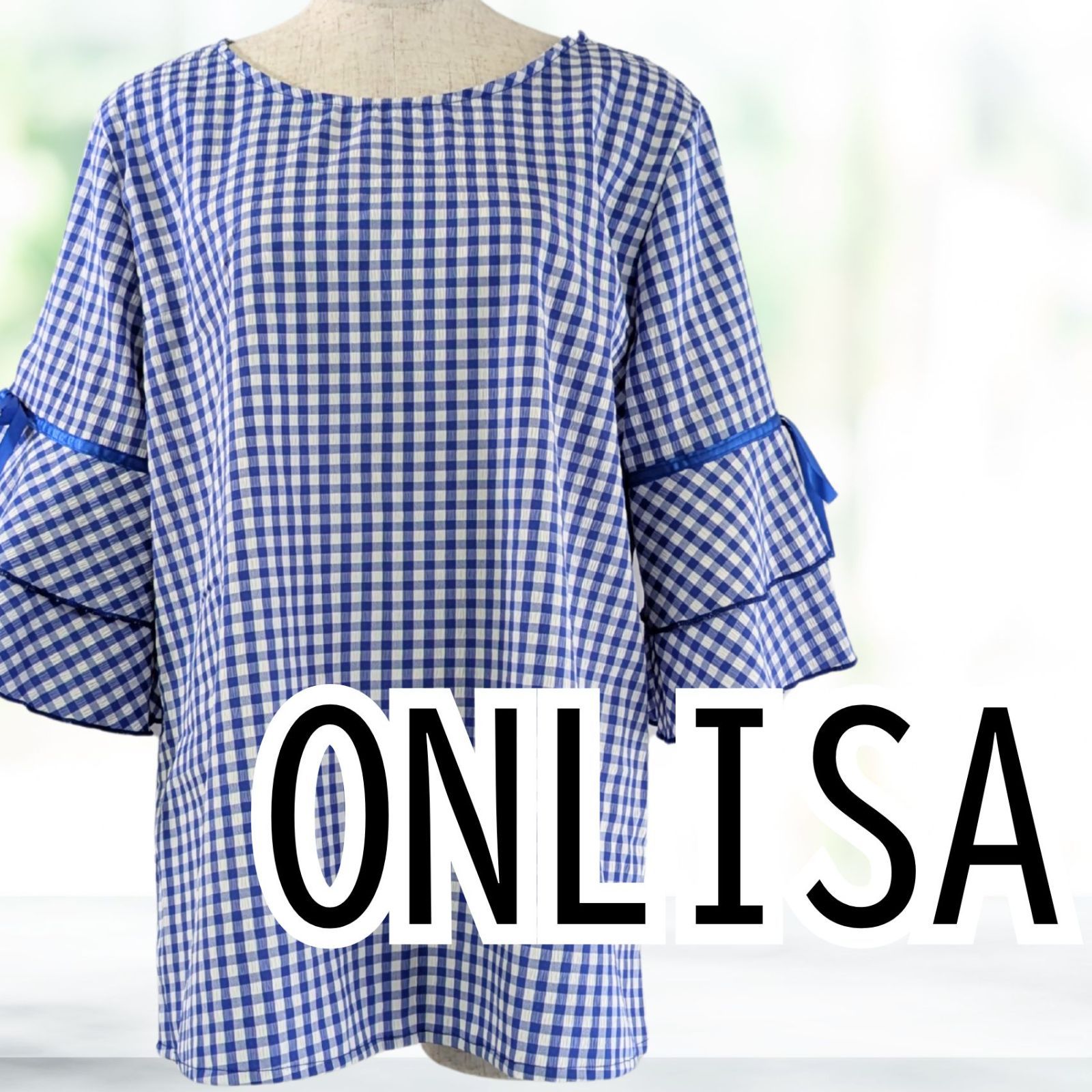 未着用】 ONRISA ギンガムチェックブラウス 袖フリルリボン