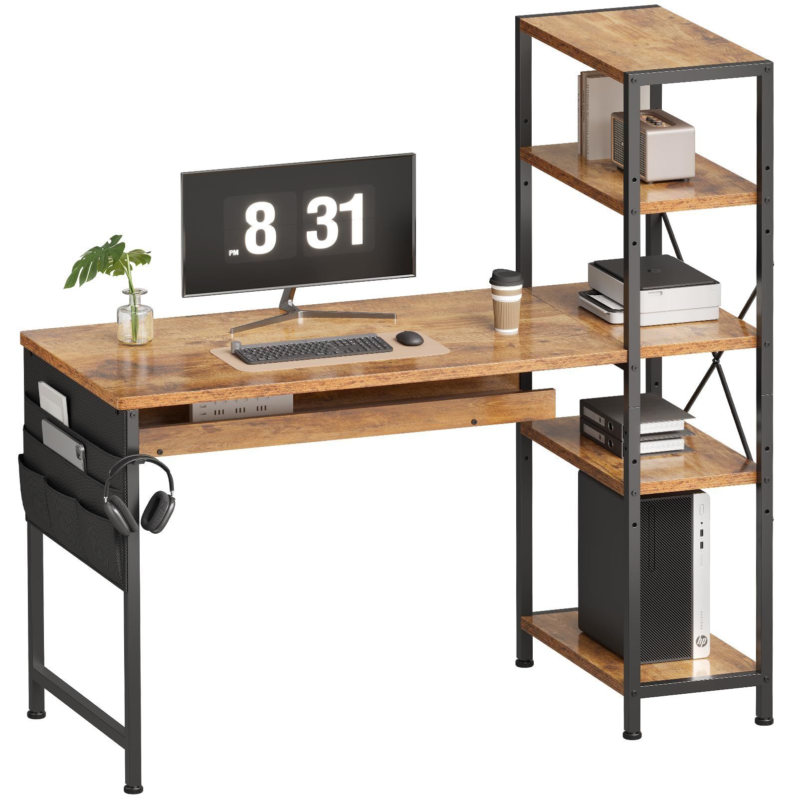 新着商品 在宅ワークデスク オフィスデスク A4対応 収納ラック 子 収納袋付き 幅120cm 勉強机 パソコンデスク 学習机 ラック付きデスク 左右入替可 机 可動式棚板 pcデスク テレワーク YeTom ビンテージ