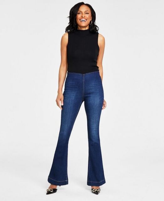 【送料無料】 アイ.エヌ.シー インターナショナル コンセプト レディース デニムパンツ ボトムス Women's High Rise Pull-On Flare Jeans MEDIUM INDIGO