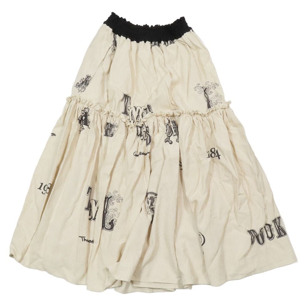 25SS Thomas Magpie トーマスマグパイ Linen PRINT skirt フ スカート ロング ミモレ丈 ゴムウエスト 36 ベージュ 黒 レディース 古着