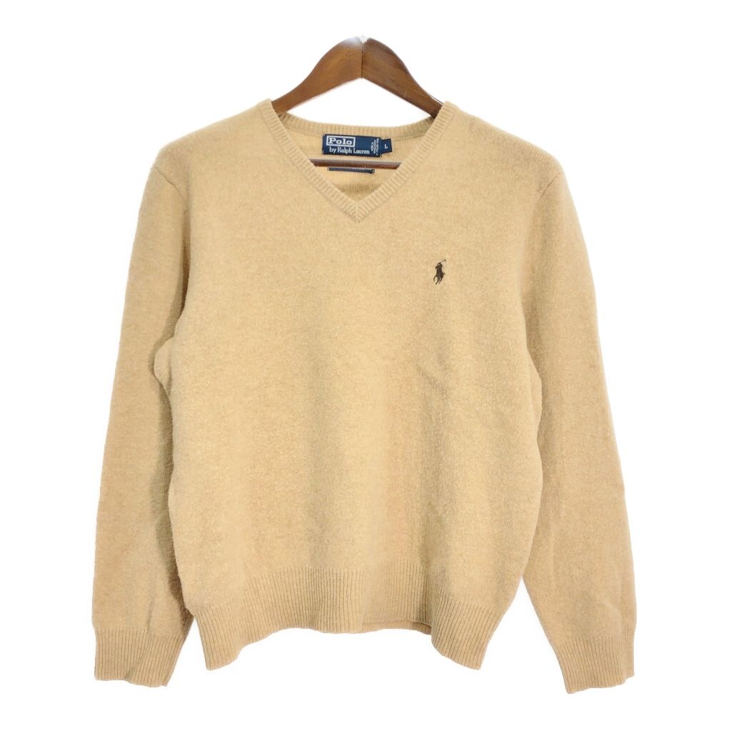 Polo by Ralph Lauren ポロ ラルフローレン ラムウール ニット Vネック セーター ワンポイントロゴ ベージュ (メンズ L) 中古 古着 Q9479