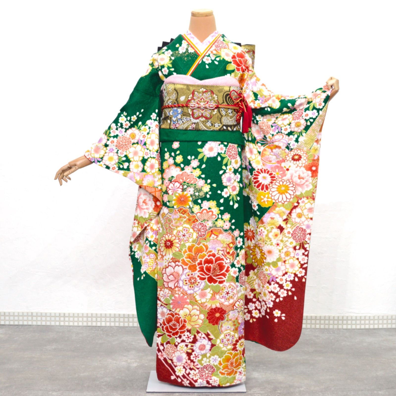 美品》正絹 振袖フルセット M〜Lサイズ 成人式 緑地 パールトーン加工 