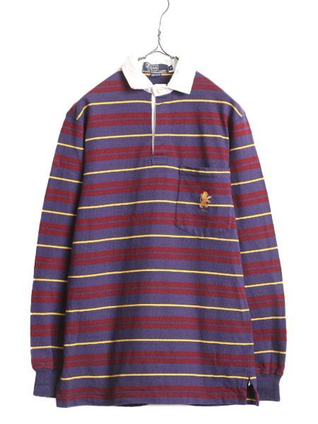 【お得なクーポン配布中!】 90s USA製 ポロ ラルフローレン ボーダー 長袖 ラガーシャツ メンズ S / オールド POLO 長袖シャツ ラグビー ヘビーウェイト ポケット付き