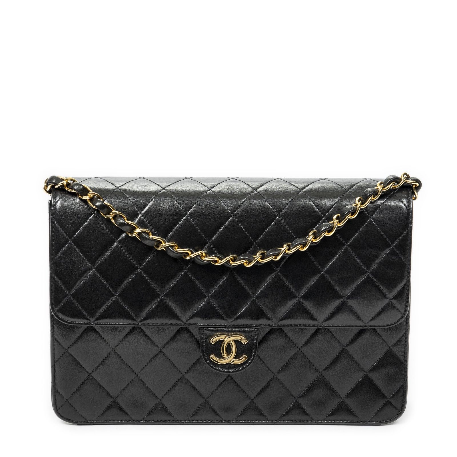 CHANEL シャネルヴィンテージプッシュロックストレートフラップ黒マトラッセラムスキンレザーA
