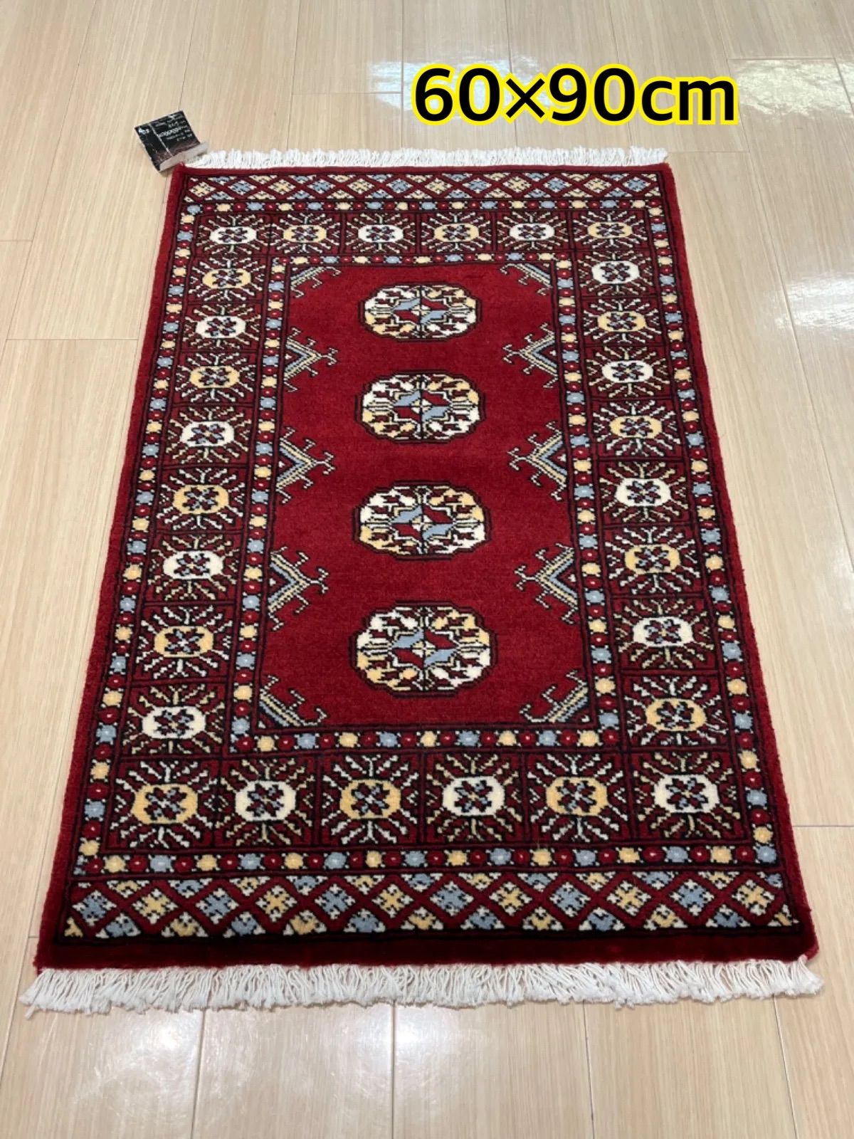 ハンドメイド　パキスタン製 マット　60×90　手織り　ウール100％　段通　玄関マット　手織り絨毯　ラグマット  レッド　ワイン　赤