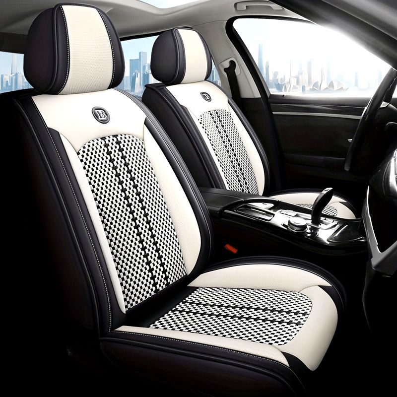 アイスファブリックの通気性カーシートクッション - 軽量で滑りにくく、全シーズン快適 - ほとんどの車に適合、取り付け簡単、黒と白のハウンドトゥースパターン、フロントシートカバー