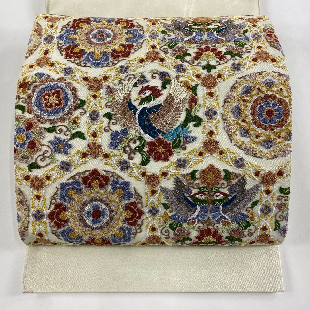 袋帯 逸品 鳳凰 華文 相良刺繍 金糸 クリーム お太鼓柄 正絹