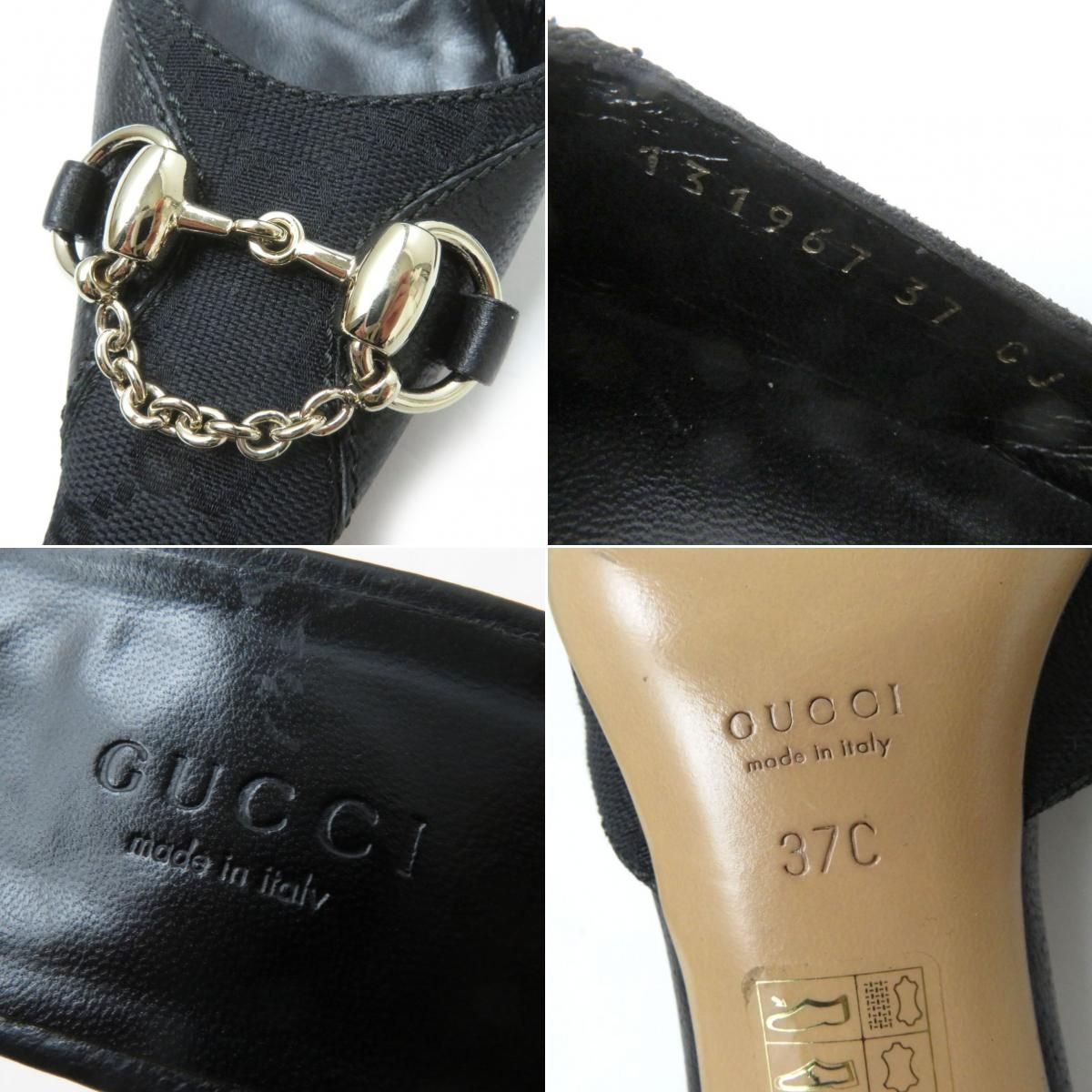 GUCCIグッチ GGキャンバス ホースビット ミュール 35.5Cレザー 黒 極美品☆GUCCI グッチ 131967 ホースビット スクエアトゥ GGキャンバス