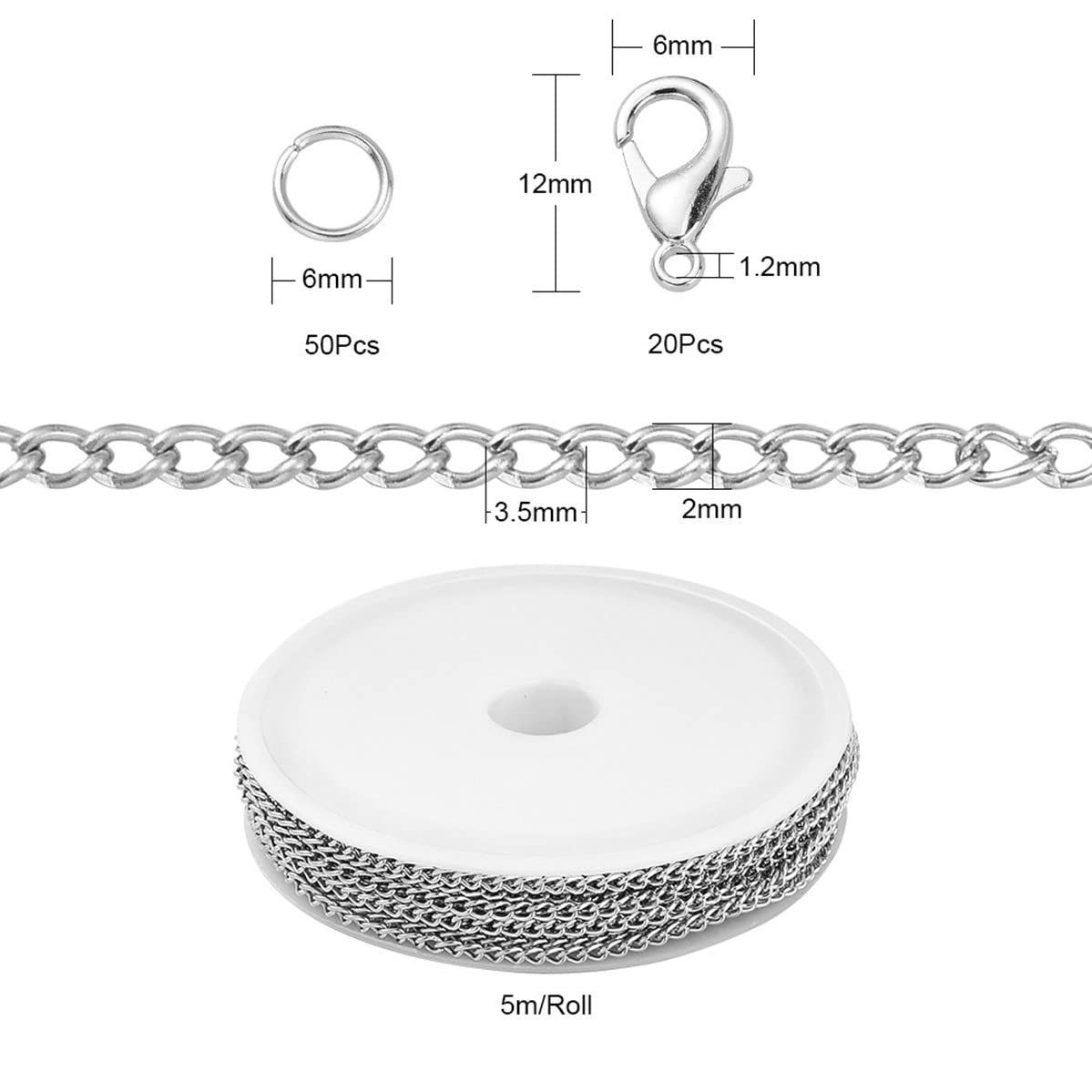 【数量限定】リングチェーン ジュエリー用 クラフト手作り用品 小豆タイプ DIY用 ジュエリーチェーン ハンドメイド 2mm幅 アクセサリーパーツ  長さ約5m 基礎パーツ アクセサリー用チェーン ロブスタークラスプ/ジャンプリング付き Rawmand (銀)