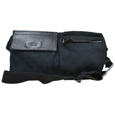 【中古】 中美品 グッチ GUCCI ウエストポーチ バッグ GG柄 ブラック キャンバス レザー 80BU842