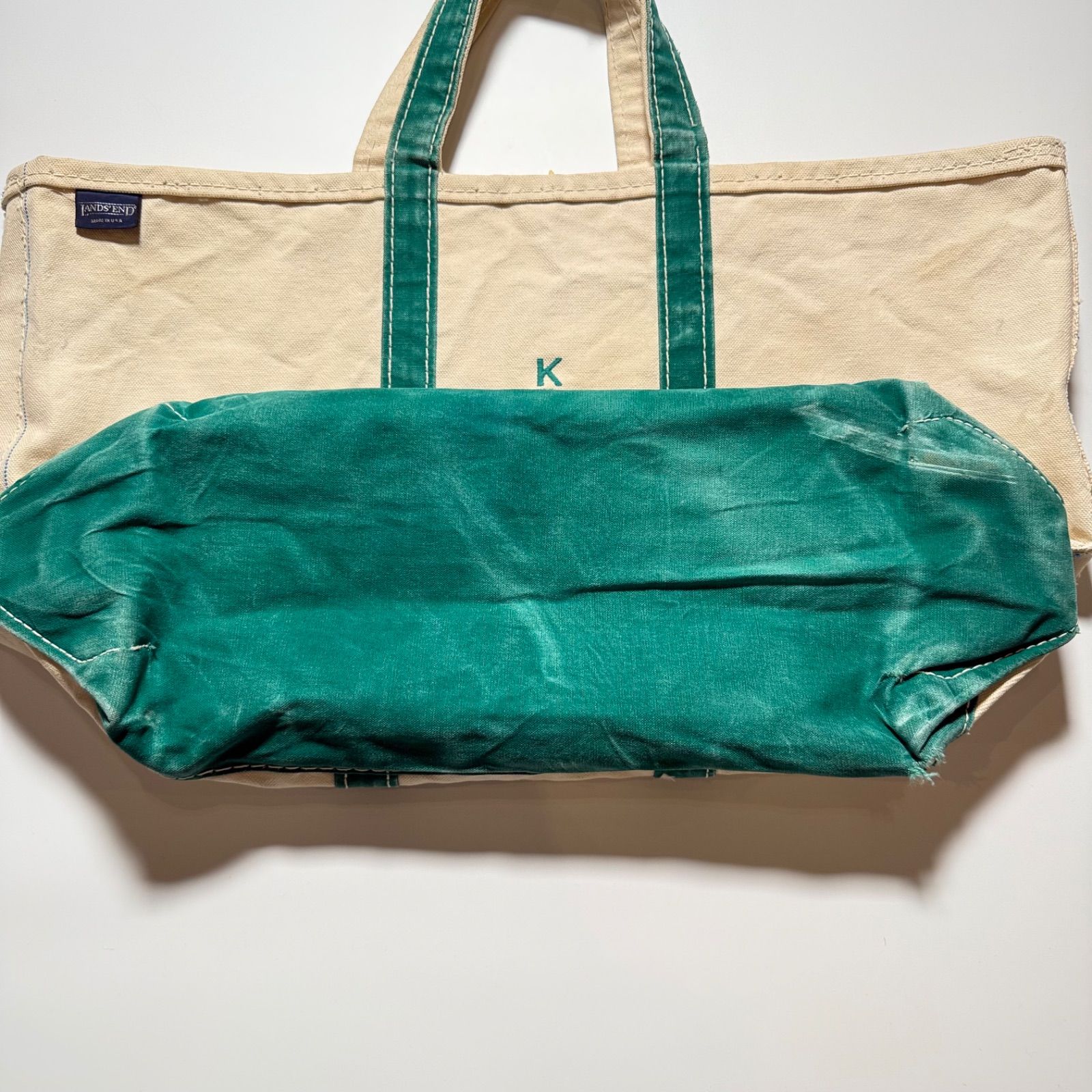 80s LANDS'END トートバッグ USA製 キャンバス 80s USA製 LANDS'ENDランズエンド 耳付き キャンバス トートバッグ 緑
