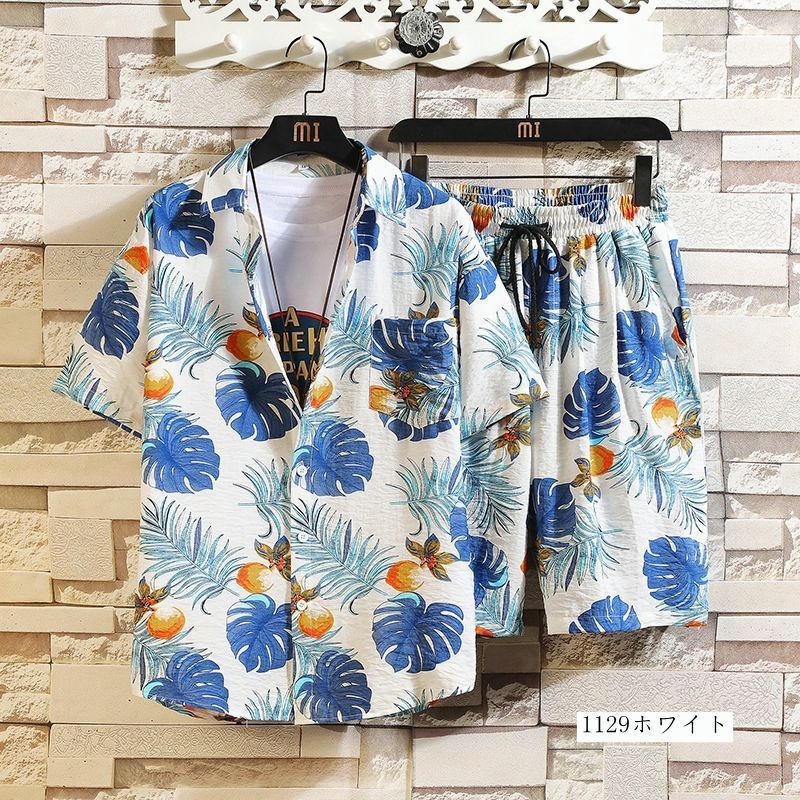 未使用 上下セット メンズ 総柄シャツ セットアップ アロハ