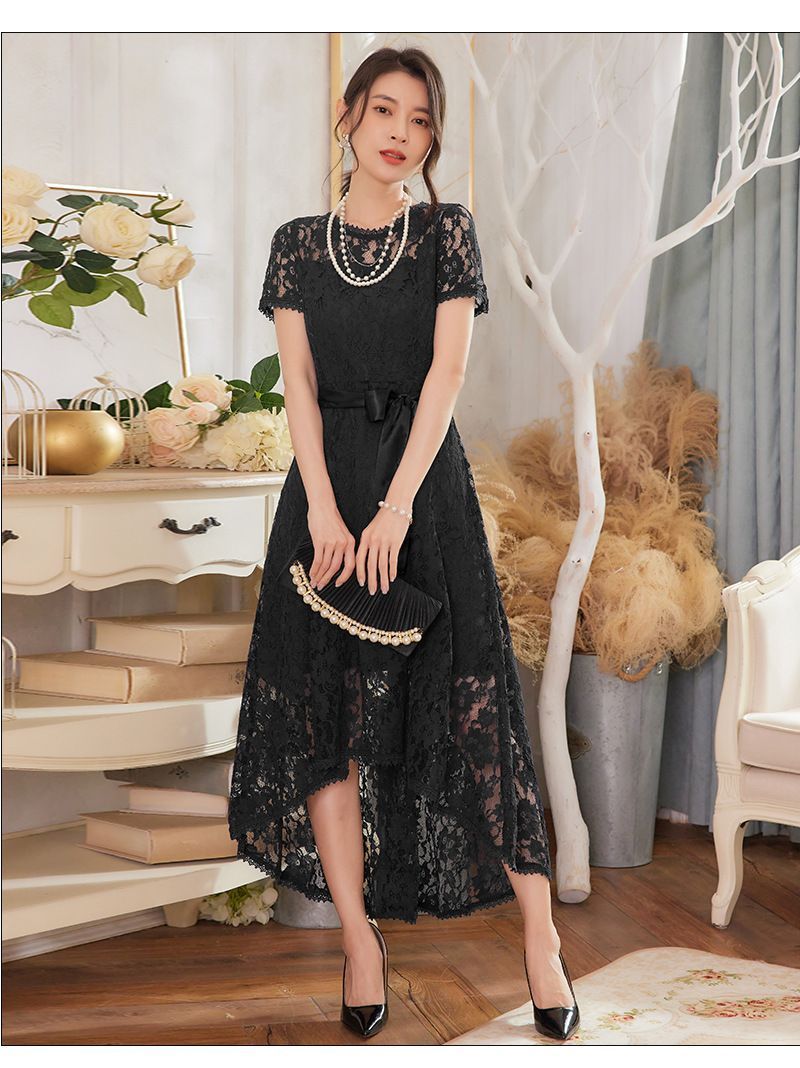 パーティードレス レース ワンピース 夏 レディース 総レース 透け感 袖あり 半袖 パフスリーブ ロングドレス ドレス 結婚式 フォーマルドレス ライトブルー レース ワンピース ロング丈 パーティードレス 総レース