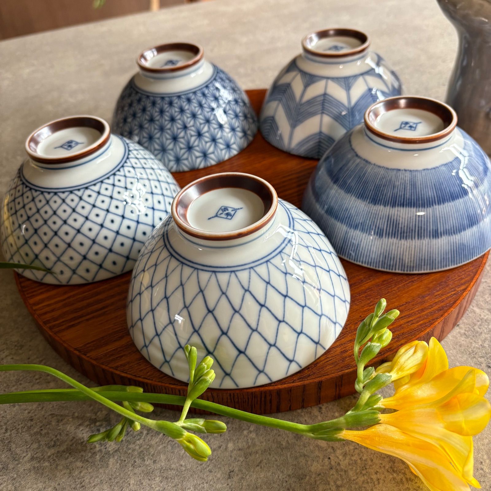 茶漬揃い陶器の茶碗 5個セット 花柄・葉柄和食器 199601199-r1.jpg