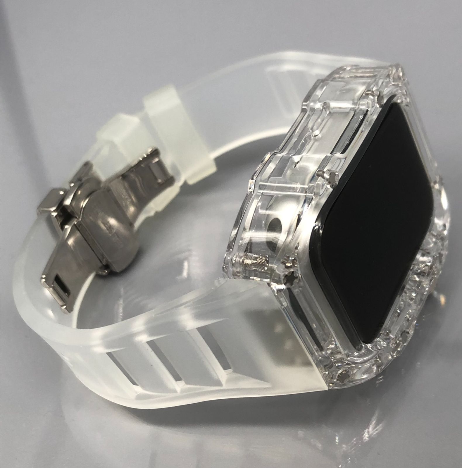 GimelZayin zc シルバー クリア★アップルウォッチ ラバーベルト カバー クリア ケース 44mm 45mm 4 5 6 7 8 9 se スポーツ メンズ レディース Apple Watch バンド