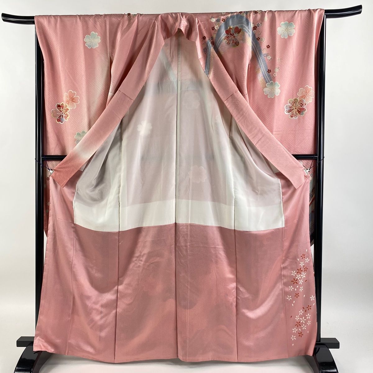 SO-226☆化繊 振袖セット5点 梅柄❣️身丈165㎝ 裄68.4㎝ 振袖 身丈160.5cm 裄丈65.5cm M 袷 鳳凰 桜 金彩 染め分け 黄土
