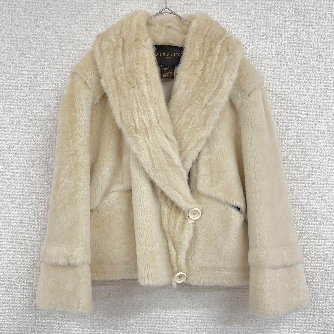 LOUIS VUITTON ルイヴィトン ファーコート ミンクファー ムートンレザー 毛皮 ショート 羊革 アイボリー 36