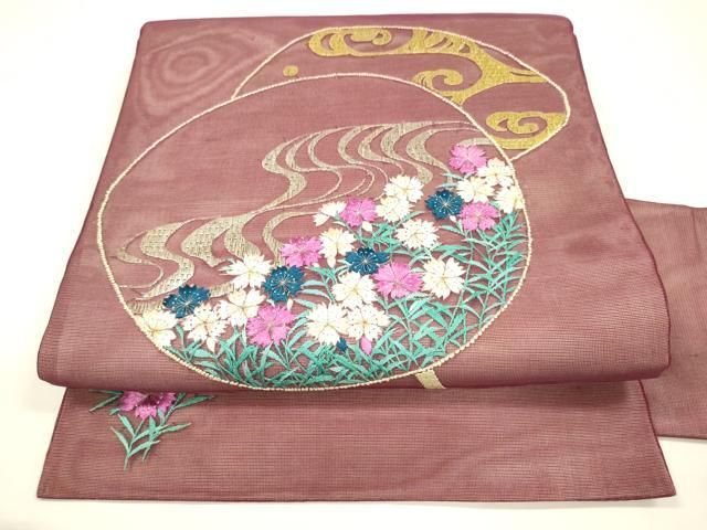 平和屋着物＊夏物 アンティーク 大正ロマン 中国三大刺繍 相良刺繍 総刺繍 九寸名古屋帯 流水草花文 金銀糸 正絹 DAAY8135cm