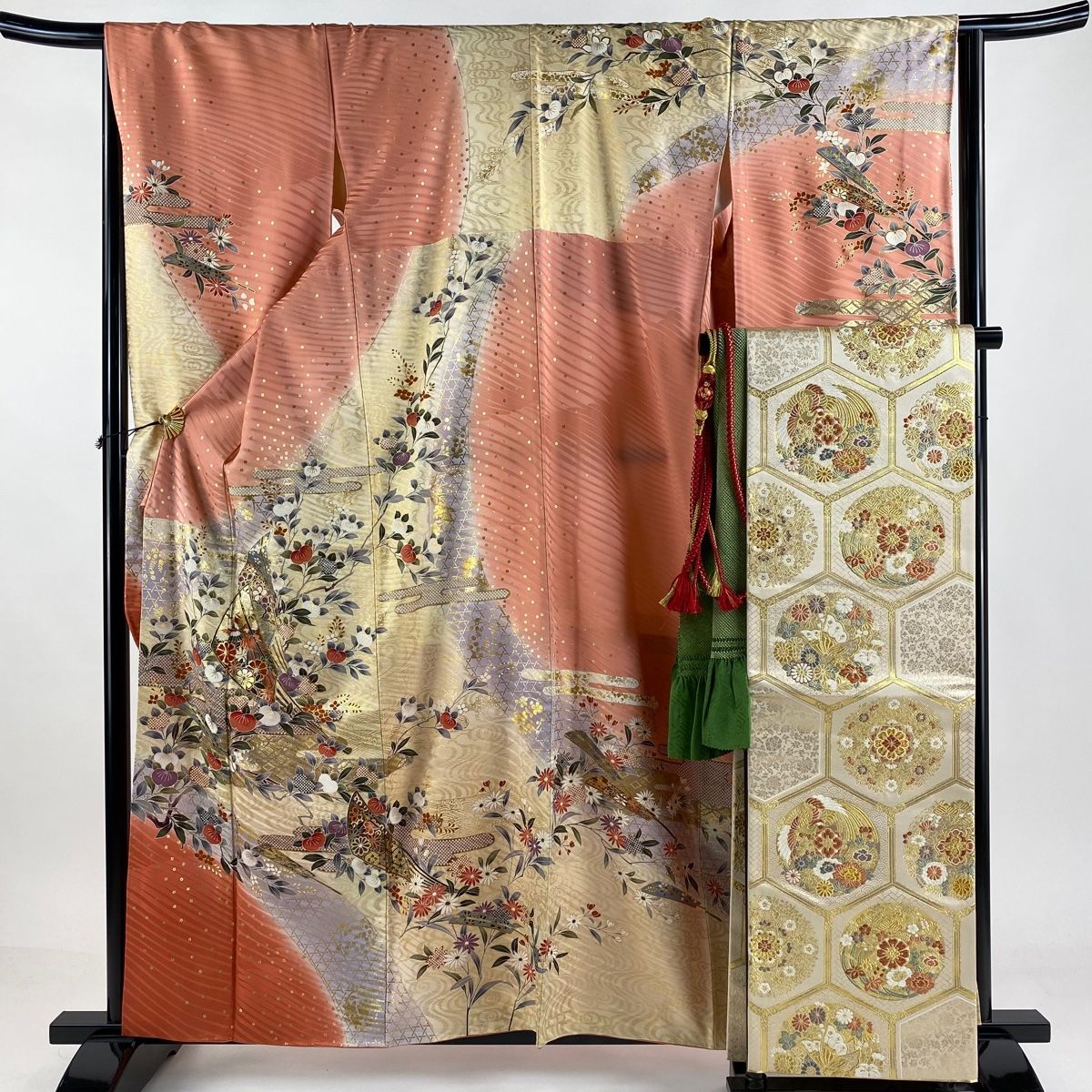 振袖 身丈159.5cm 裄丈66cm M 袷 袋帯フルセット 扇 橘 金銀糸 金彩 サーモンピンク 正絹 秀品