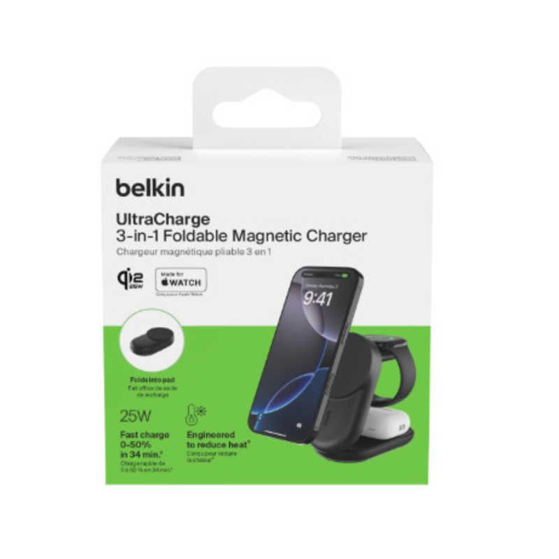 BELKIN UltraCharge Qi2 25W 3-in-1 折りたたみ式マグネット充電器 ラウンド型 ブラック WIZ037dqBK