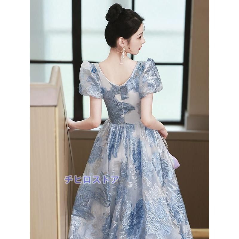 ロングドレス 演奏会 ピアノ 発表会 キラキラ スパンコール 花刺繍 花柄 レース ブルードレス 袖あり 5分袖 フェミニン エレガント大きいサイズ