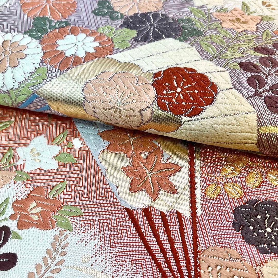 袋帯 唐織 扇子に四季の花模様 紗綾形 金銀糸 白百合色 O-3855 - メルカリ 