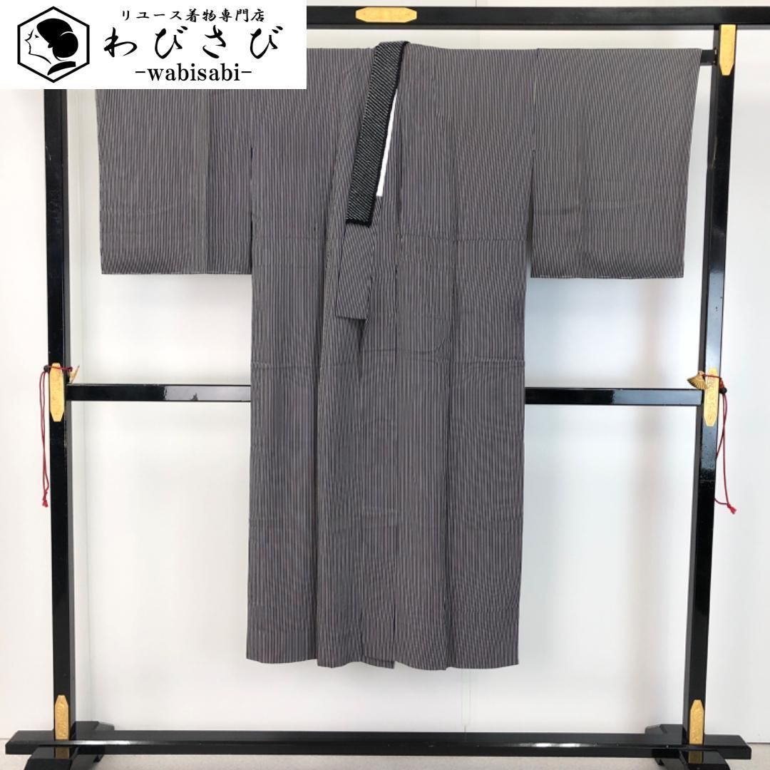 長襦袢 単衣 縦縞模様 深紫色 縮緬 ビーズ半衿付 ふくよかサイズ J-337