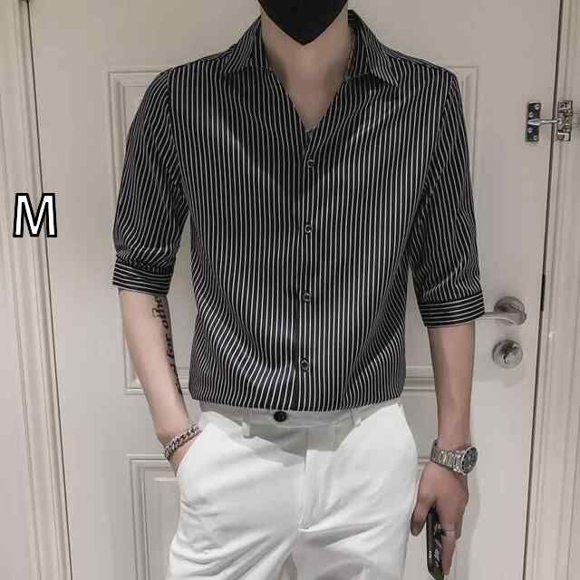[M]秋冬 コーデ メンズ  服 シンプル ファッション オシャレ 大人 かっこいい 大きいサイズ ストリート 紳士服 黒 ストライプシャツ 韓国スタイル 七分袖 半袖 シャツ ジャケット