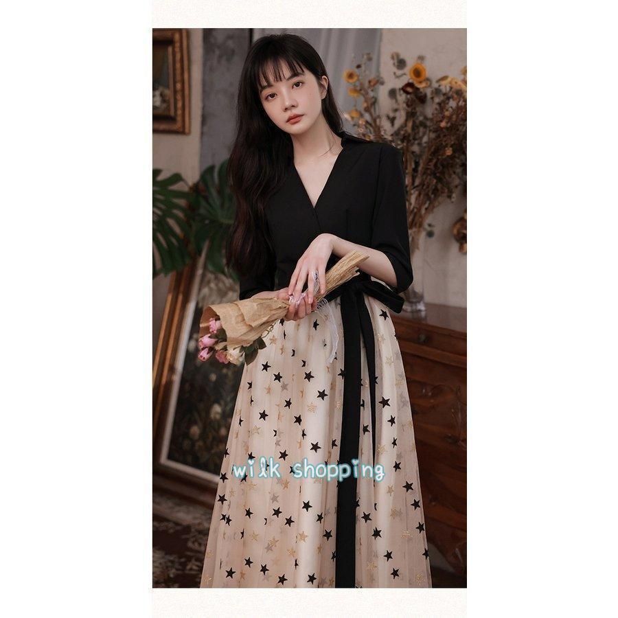 ドレス レディース パーティードレス l ドレスワンピース カジュアルドレス スマートカジュアル ミモレ丈 Aライン シフォン 星柄 ウエストリボン レディースファッション スマートカジュアル ミモレ丈 Aライン