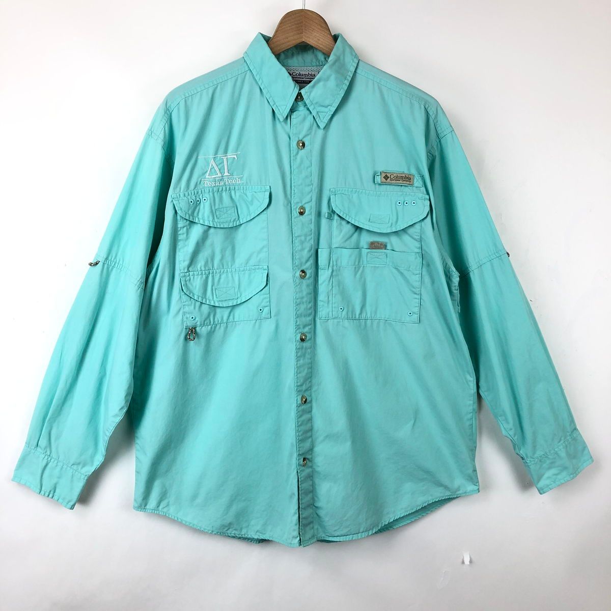 【古着】 Columbia コロンビア フィッシングシャツ PFG TEXAS TECH 長袖 グリーン系 メンズS 【中古】 n024868